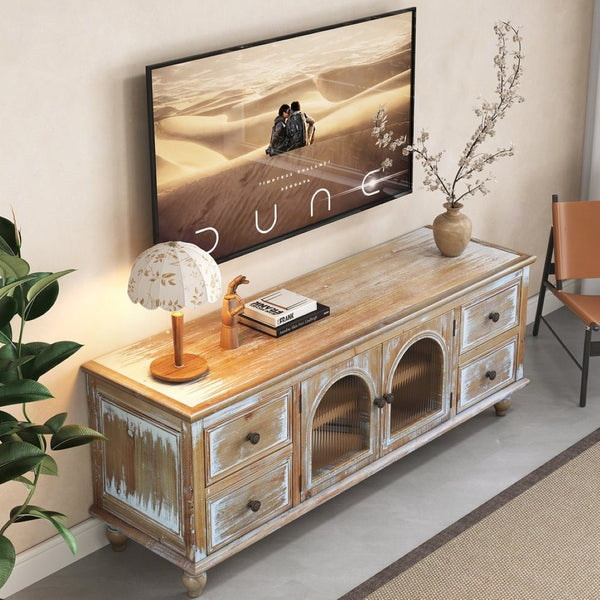 English Elm 60" Farmhouse Media Console with Fluted Glass Doors Four Drawers Distressed Wood Finish W2295P489665