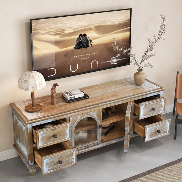 English Elm 60" Farmhouse Media Console with Fluted Glass Doors Four Drawers Distressed Wood Finish W2295P489665