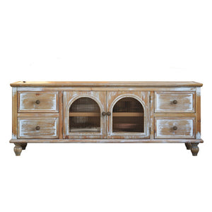 English Elm 60" Farmhouse Media Console with Fluted Glass Doors Four Drawers Distressed Wood Finish W2295P489665