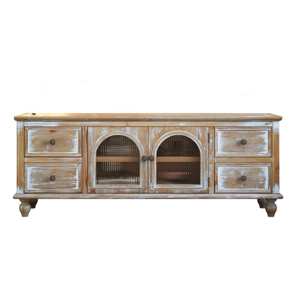 English Elm 60" Farmhouse Media Console with Fluted Glass Doors Four Drawers Distressed Wood Finish W2295P489665