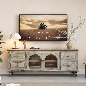 English Elm 60" Rustic Farmhouse Tv Stand Arched Fluted Glass Doors Four Deep Drawers Solid Wood Antique Natural W2295P489675