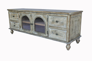 English Elm 60" Rustic Farmhouse Tv Stand Arched Fluted Glass Doors Four Deep Drawers Solid Wood Antique Natural W2295P489675
