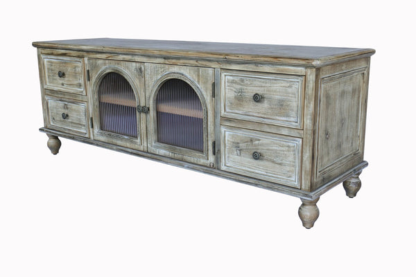 English Elm 60" Rustic Farmhouse Tv Stand Arched Fluted Glass Doors Four Deep Drawers Solid Wood Antique Natural W2295P489675