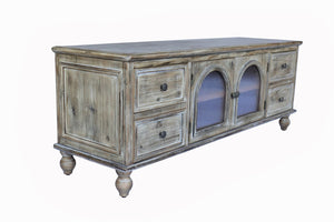 English Elm 60" Rustic Farmhouse Tv Stand Arched Fluted Glass Doors Four Deep Drawers Solid Wood Antique Natural W2295P489675