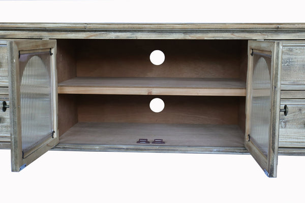 English Elm 60" Rustic Farmhouse Tv Stand Arched Fluted Glass Doors Four Deep Drawers Solid Wood Antique Natural W2295P489675