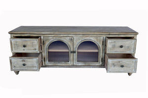 English Elm 60" Rustic Farmhouse Tv Stand Arched Fluted Glass Doors Four Deep Drawers Solid Wood Antique Natural W2295P489675