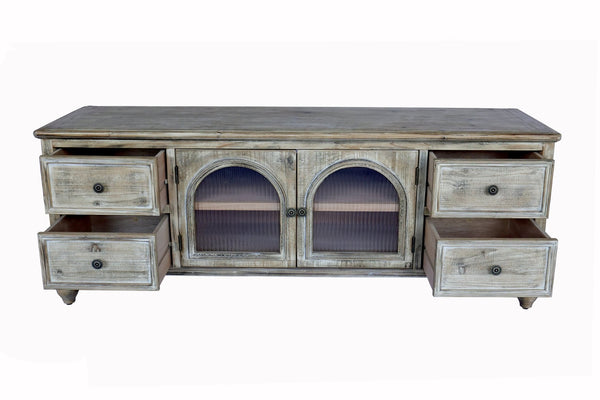 English Elm 60" Rustic Farmhouse Tv Stand Arched Fluted Glass Doors Four Deep Drawers Solid Wood Antique Natural W2295P489675