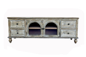English Elm 60" Rustic Farmhouse Tv Stand Arched Fluted Glass Doors Four Deep Drawers Solid Wood Antique Natural W2295P489675