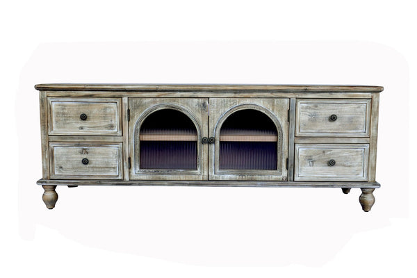 English Elm 60" Rustic Farmhouse Tv Stand Arched Fluted Glass Doors Four Deep Drawers Solid Wood Antique Natural W2295P489675