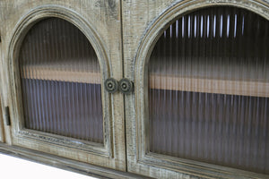 English Elm 60" Rustic Farmhouse Tv Stand Arched Fluted Glass Doors Four Deep Drawers Solid Wood Antique Natural W2295P489675