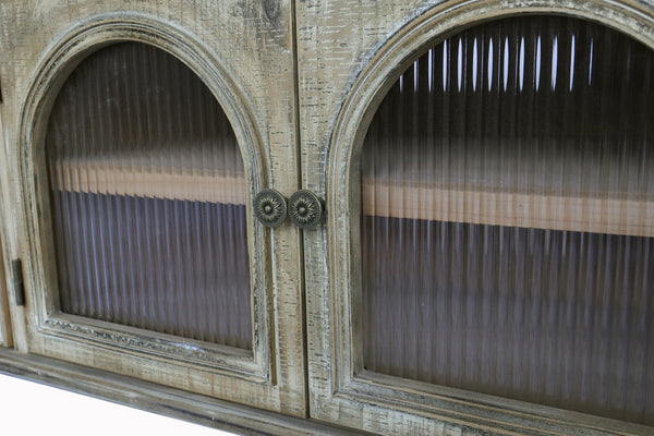 English Elm 60" Rustic Farmhouse Tv Stand Arched Fluted Glass Doors Four Deep Drawers Solid Wood Antique Natural W2295P489675