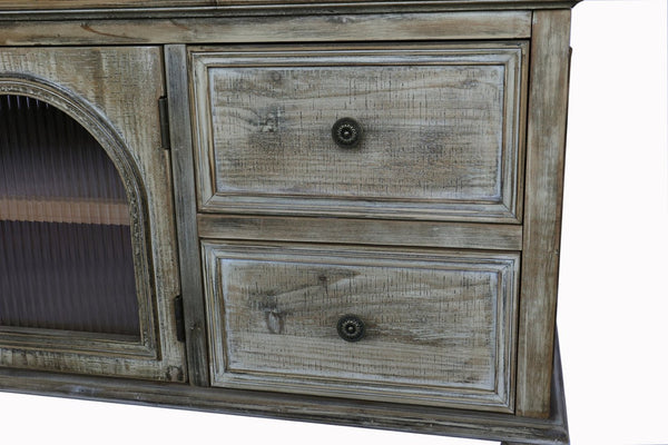 English Elm 60" Rustic Farmhouse Tv Stand Arched Fluted Glass Doors Four Deep Drawers Solid Wood Antique Natural W2295P489675