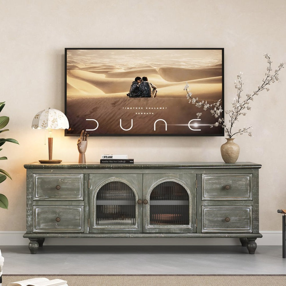 English Elm 60" Rustic Farmhouse Tv Stand Arched Fluted Glass Doors Four Deep Drawers Solid Wood Black+ Gray W2295P489677