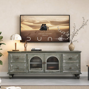 English Elm 60" Rustic Farmhouse Tv Stand Arched Fluted Glass Doors Four Deep Drawers Solid Wood Black+ Gray W2295P489677