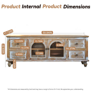 English Elm 60" Rustic Farmhouse Tv Stand Arched Fluted Glass Doors Four Deep Drawers Solid Wood Black+ Gray W2295P489677