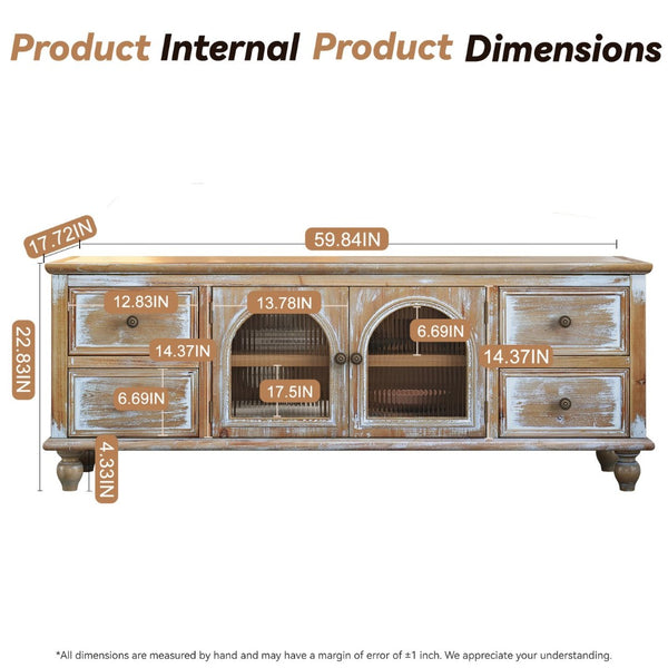 English Elm 60" Rustic Farmhouse Tv Stand Arched Fluted Glass Doors Four Deep Drawers Solid Wood Black+ Gray W2295P489677