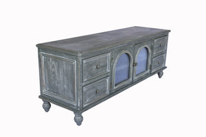 English Elm 60" Rustic Farmhouse Tv Stand Arched Fluted Glass Doors Four Deep Drawers Solid Wood Black+ Gray W2295P489677