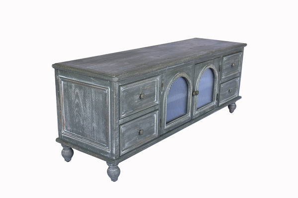 English Elm 60" Rustic Farmhouse Tv Stand Arched Fluted Glass Doors Four Deep Drawers Solid Wood Black+ Gray W2295P489677