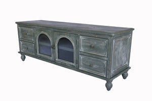 English Elm 60" Rustic Farmhouse Tv Stand Arched Fluted Glass Doors Four Deep Drawers Solid Wood Black+ Gray W2295P489677