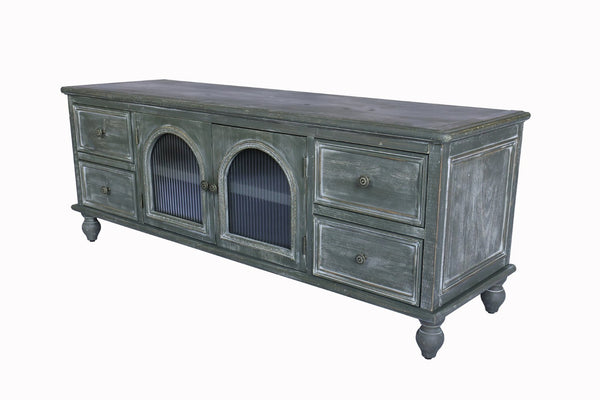 English Elm 60" Rustic Farmhouse Tv Stand Arched Fluted Glass Doors Four Deep Drawers Solid Wood Black+ Gray W2295P489677