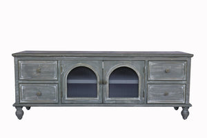 English Elm 60" Rustic Farmhouse Tv Stand Arched Fluted Glass Doors Four Deep Drawers Solid Wood Black+ Gray W2295P489677