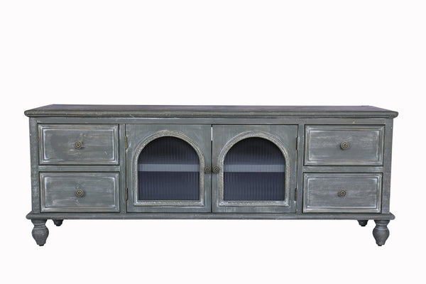 English Elm 60" Rustic Farmhouse Tv Stand Arched Fluted Glass Doors Four Deep Drawers Solid Wood Black+ Gray W2295P489677