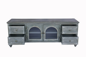 English Elm 60" Rustic Farmhouse Tv Stand Arched Fluted Glass Doors Four Deep Drawers Solid Wood Black+ Gray W2295P489677