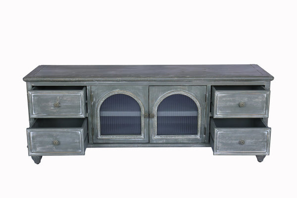 English Elm 60" Rustic Farmhouse Tv Stand Arched Fluted Glass Doors Four Deep Drawers Solid Wood Black+ Gray W2295P489677
