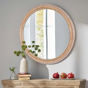 English Elm 31.5 Inch Round Whitewash Wood Framed Mirror Farmhouse Vanity Bedroom Entryway Decor W2295P505969