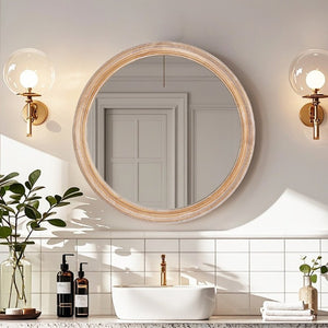 English Elm 31.5 Inch Round Whitewash Wood Framed Mirror Farmhouse Vanity Bedroom Entryway Decor W2295P505969