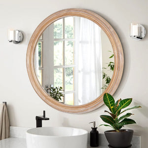 English Elm 31.5 Inch Round Whitewash Wood Framed Mirror Farmhouse Vanity Bedroom Entryway Decor W2295P505969