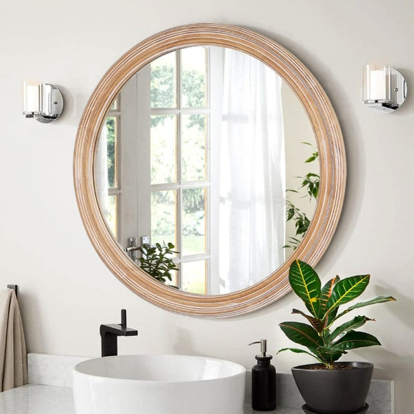 English Elm 31.5 Inch Round Whitewash Wood Framed Mirror Farmhouse Vanity Bedroom Entryway Decor W2295P505969