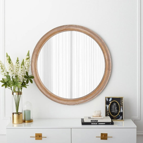 English Elm 31.5 Inch Round Whitewash Wood Framed Mirror Farmhouse Vanity Bedroom Entryway Decor W2295P505969