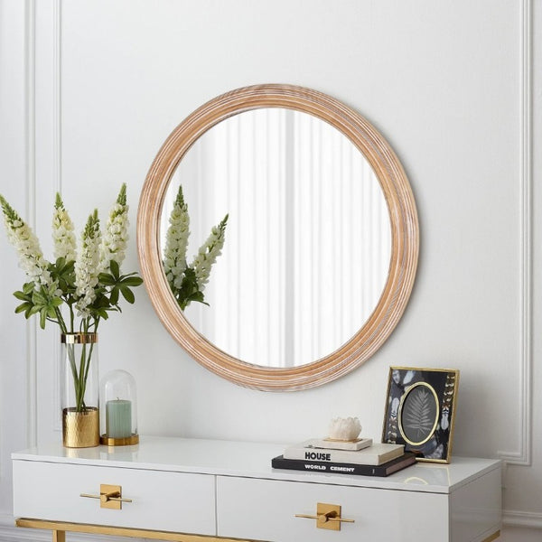 English Elm 31.5 Inch Round Whitewash Wood Framed Mirror Farmhouse Vanity Bedroom Entryway Decor W2295P505969
