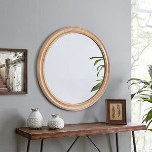 English Elm 31.5 Inch Round Whitewash Wood Framed Mirror Farmhouse Vanity Bedroom Entryway Decor W2295P505969