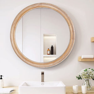 English Elm 31.5 Inch Round Whitewash Wood Framed Mirror Farmhouse Vanity Bedroom Entryway Decor W2295P505969
