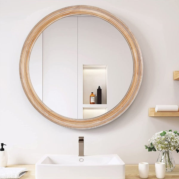 English Elm 31.5 Inch Round Whitewash Wood Framed Mirror Farmhouse Vanity Bedroom Entryway Decor W2295P505969