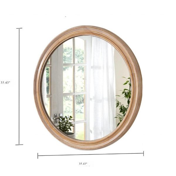 English Elm 35.43 Inch Whitewash Wood Round Mirror Distressed Farmhouse Style for Vanity and Entryway W2295P505971