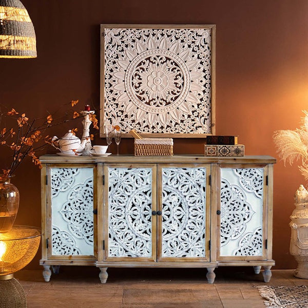 English Elm 4-Door Carved Grille Fir Wood Cabinet Slim Distressed Finish for Entryway or Dining W2295P511176