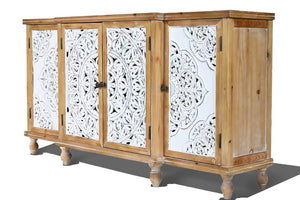 English Elm 4-Door Carved Grille Fir Wood Cabinet Slim Distressed Finish for Entryway or Dining W2295P511176