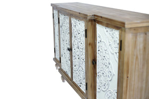 English Elm 4-Door Carved Grille Fir Wood Cabinet Slim Distressed Finish for Entryway or Dining W2295P511176