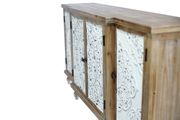 English Elm 4-Door Carved Grille Fir Wood Cabinet Slim Distressed Finish for Entryway or Dining W2295P511176