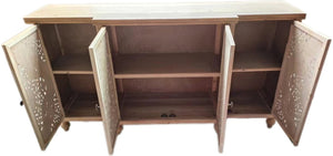 English Elm 4-Door Carved Grille Fir Wood Cabinet Slim Distressed Finish for Entryway or Dining W2295P511176