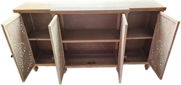 English Elm 4-Door Carved Grille Fir Wood Cabinet Slim Distressed Finish for Entryway or Dining W2295P511176