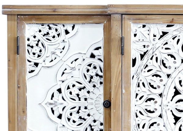 English Elm 4-Door Carved Grille Fir Wood Cabinet Slim Distressed Finish for Entryway or Dining W2295P511176
