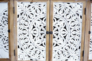 English Elm 4-Door Carved Grille Fir Wood Cabinet Slim Distressed Finish for Entryway or Dining W2295P511176
