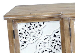 English Elm 4-Door Carved Grille Fir Wood Cabinet Slim Distressed Finish for Entryway or Dining W2295P511176