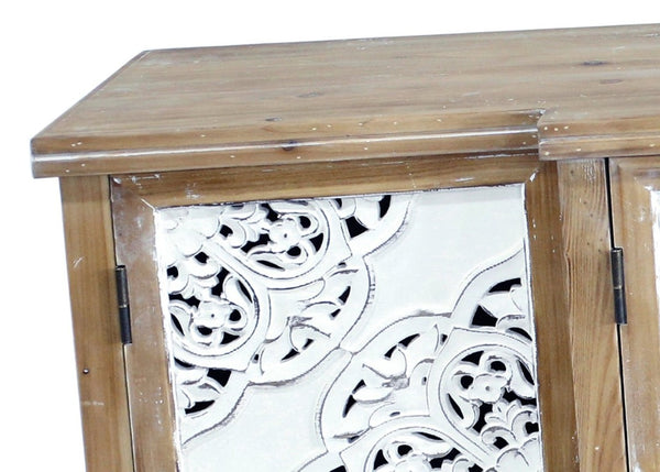 English Elm 4-Door Carved Grille Fir Wood Cabinet Slim Distressed Finish for Entryway or Dining W2295P511176