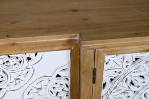 English Elm 4-Door Carved Grille Fir Wood Cabinet Slim Distressed Finish for Entryway or Dining W2295P511176