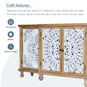English Elm 4-Door Carved Grille Fir Wood Cabinet Slim Distressed Finish for Entryway or Dining W2295P511176
